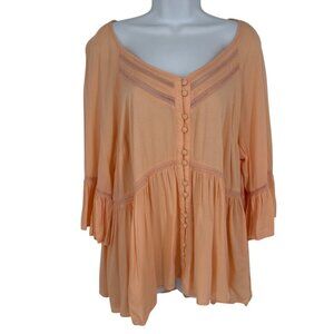 Torrid Womens Peach 3/4 Bell Sleeve V Neck Flowy Blouse Shirt Size 1X